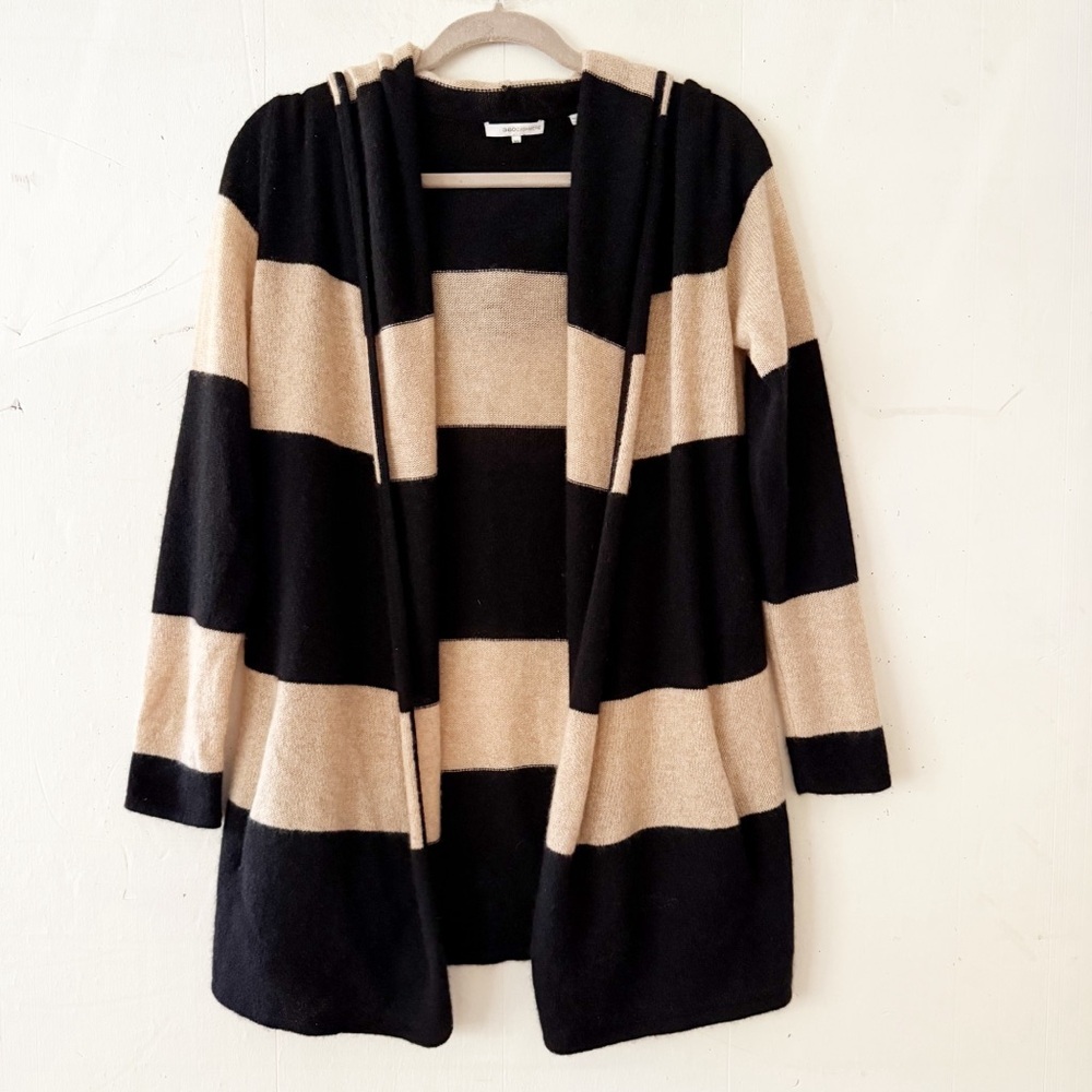 360 Cashmere Black and Tan Striped Hooded Open Front Cashmere Cardigan Size XS